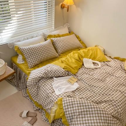 绵庭家纺 2024新款全棉喷气床裙款四件套 卡其小格