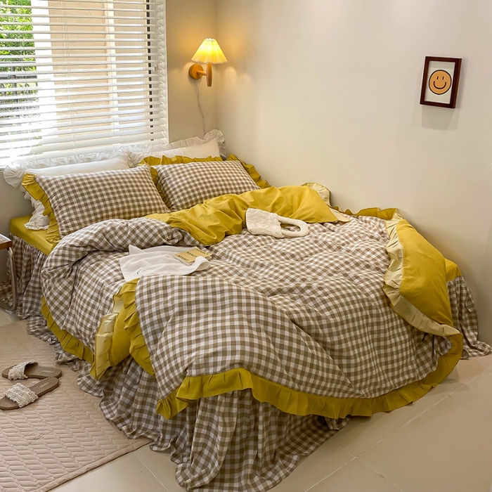 91家纺网 家纺一手货源 找家纺 绵庭家纺 2024新款全棉喷气床裙款四件套 卡其小格