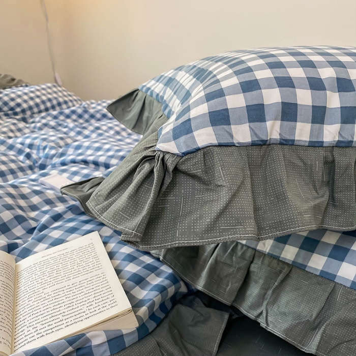 91家纺网 家纺一手货源 找家纺 绵庭家纺 2024新款全棉喷气床裙款四件套 蓝小格