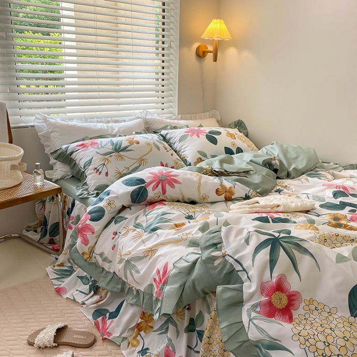 91家纺网 家纺一手货源 找家纺 绵庭家纺 2024新款全棉喷气床裙款四件套 漫歌雅韵