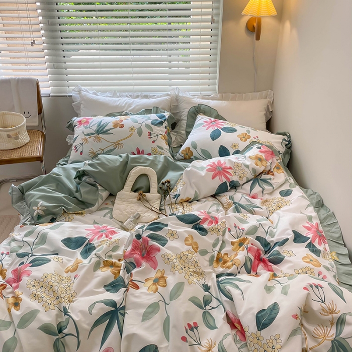 91家纺网 家纺一手货源 找家纺 绵庭家纺 2024新款全棉喷气床裙款四件套 漫歌雅韵