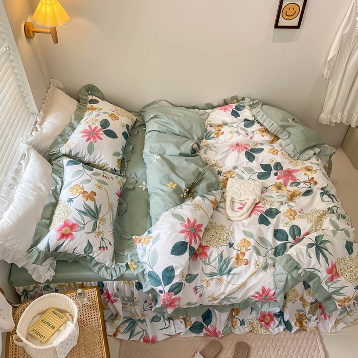 91家纺网 家纺一手货源 找家纺 绵庭家纺 2024新款全棉喷气床裙款四件套 漫歌雅韵