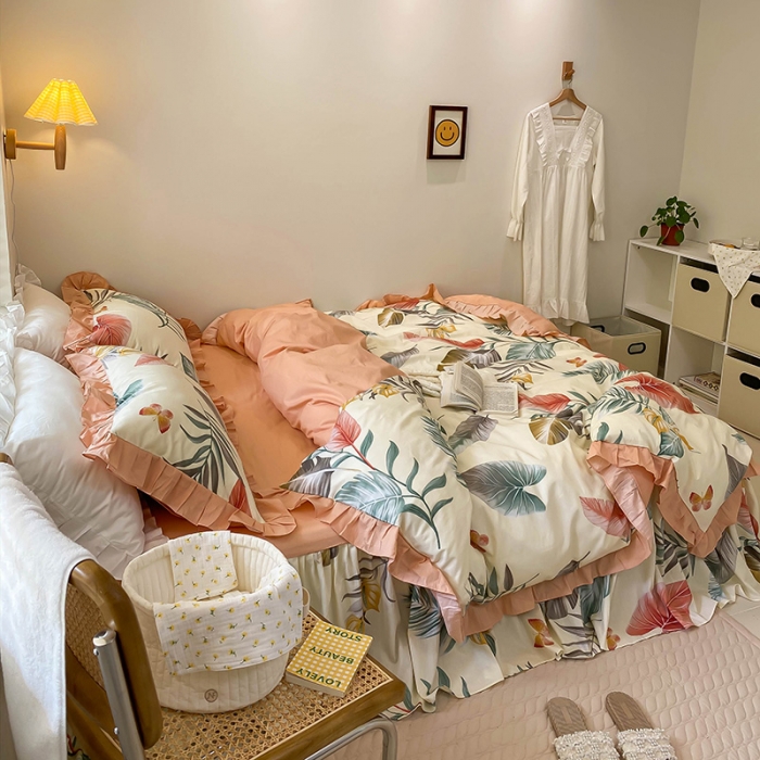 91家纺网 家纺一手货源 找家纺 绵庭家纺 2024新款全棉喷气床裙款四件套 梦田