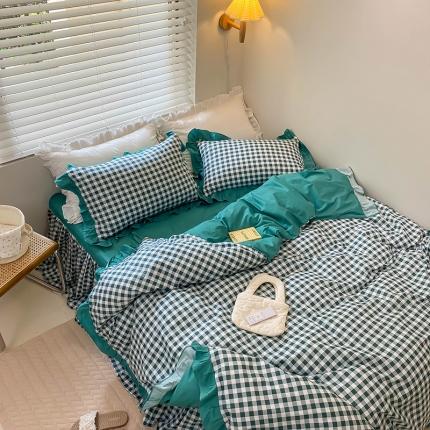 91家纺网 家纺一手货源 找家纺 绵庭家纺 2024新款全棉喷气床裙款四件套 墨绿小格