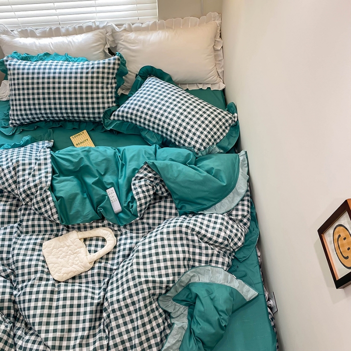 91家纺网 家纺一手货源 找家纺 绵庭家纺 2024新款全棉喷气床裙款四件套 墨绿小格