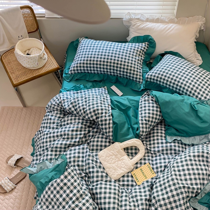 91家纺网 家纺一手货源 找家纺 绵庭家纺 2024新款全棉喷气床裙款四件套 墨绿小格