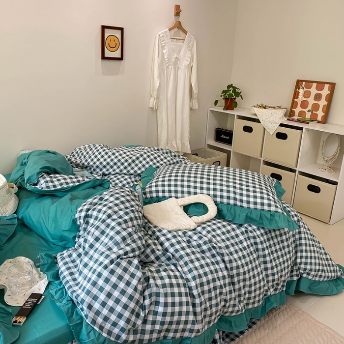 91家纺网 家纺一手货源 找家纺 绵庭家纺 2024新款全棉喷气床裙款四件套 墨绿小格