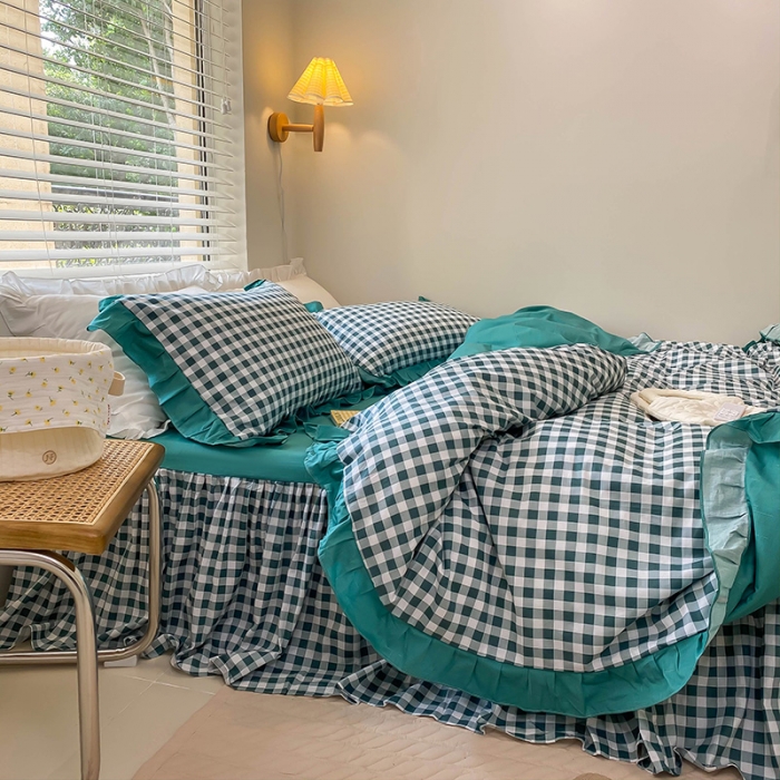 91家纺网 家纺一手货源 找家纺 绵庭家纺 2024新款全棉喷气床裙款四件套 墨绿小格