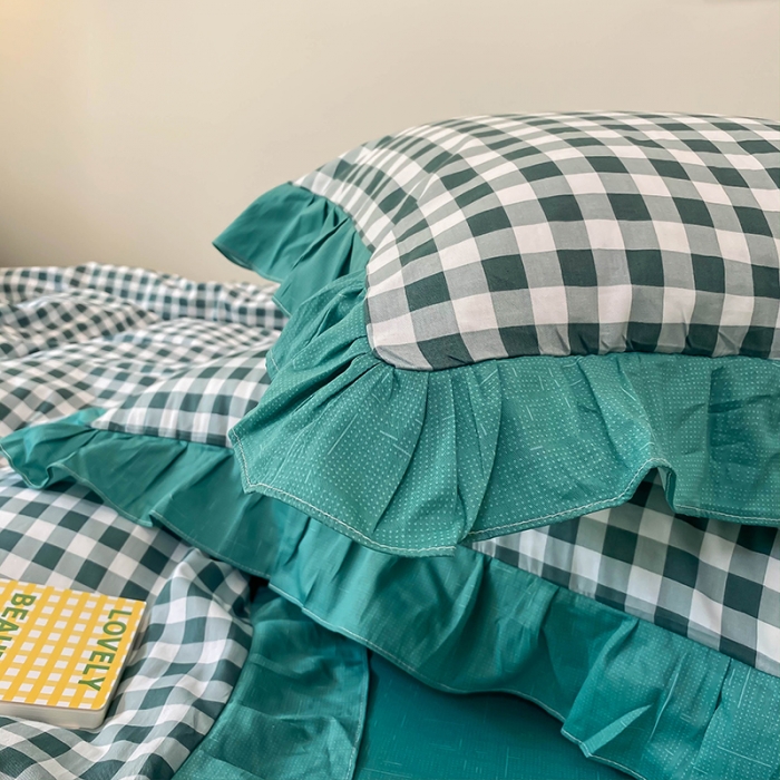 91家纺网 家纺一手货源 找家纺 绵庭家纺 2024新款全棉喷气床裙款四件套 墨绿小格