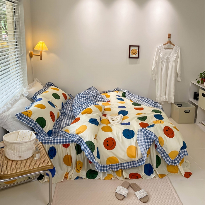 91家纺网 家纺一手货源 找家纺 绵庭家纺 2024新款全棉喷气床裙款四件套 你好色彩