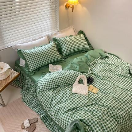 91家纺网 家纺一手货源 找家纺 绵庭家纺 2024新款全棉喷气床裙款四件套 浅绿小格