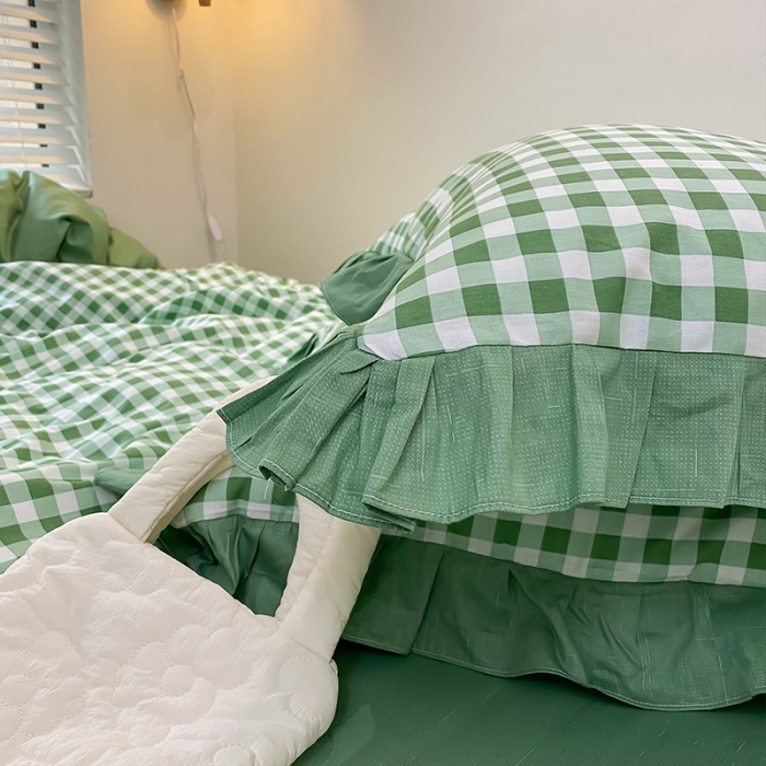 91家纺网 家纺一手货源 找家纺 绵庭家纺 2024新款全棉喷气床裙款四件套 浅绿小格