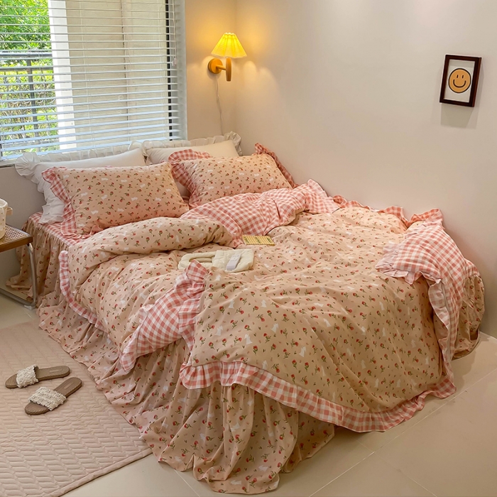 91家纺网 家纺一手货源 找家纺 绵庭家纺 2024新款全棉喷气床裙款四件套 少女粉