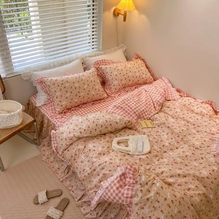 绵庭家纺 2024新款全棉喷气床裙款四件套 少女粉