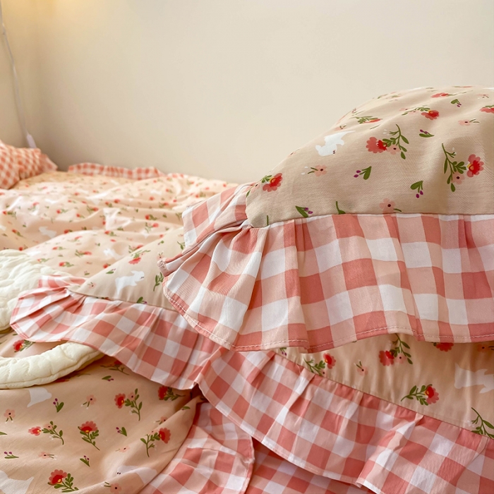 91家纺网 家纺一手货源 找家纺 绵庭家纺 2024新款全棉喷气床裙款四件套 少女粉