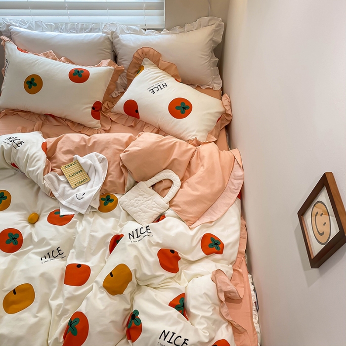 91家纺网 家纺一手货源 找家纺 绵庭家纺 2024新款全棉喷气床裙款四件套 柿子