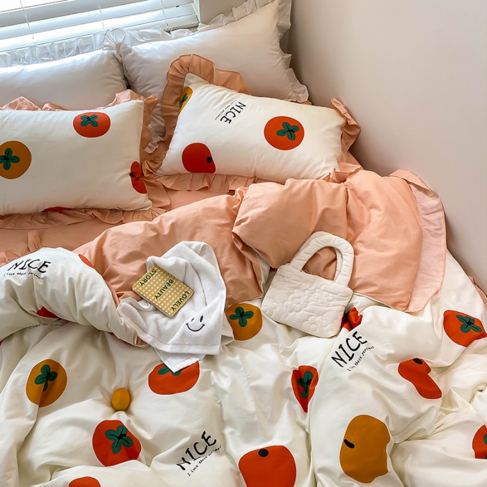 91家纺网 家纺一手货源 找家纺 绵庭家纺 2024新款全棉喷气床裙款四件套 柿子