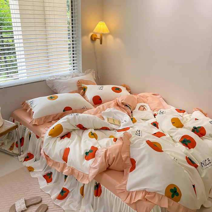 91家纺网 家纺一手货源 找家纺 绵庭家纺 2024新款全棉喷气床裙款四件套 柿子