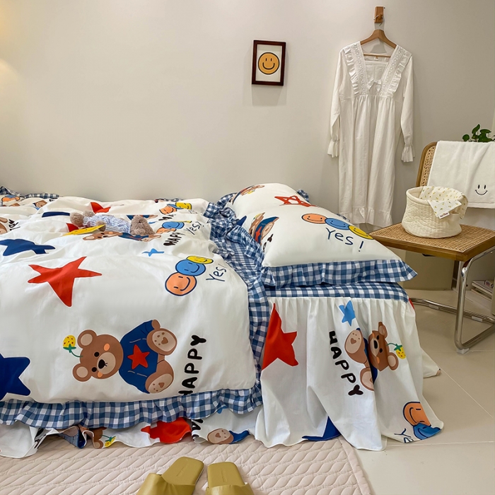 91家纺网 家纺一手货源 找家纺 绵庭家纺 2024新款全棉喷气床裙款四件套 汤姆小熊