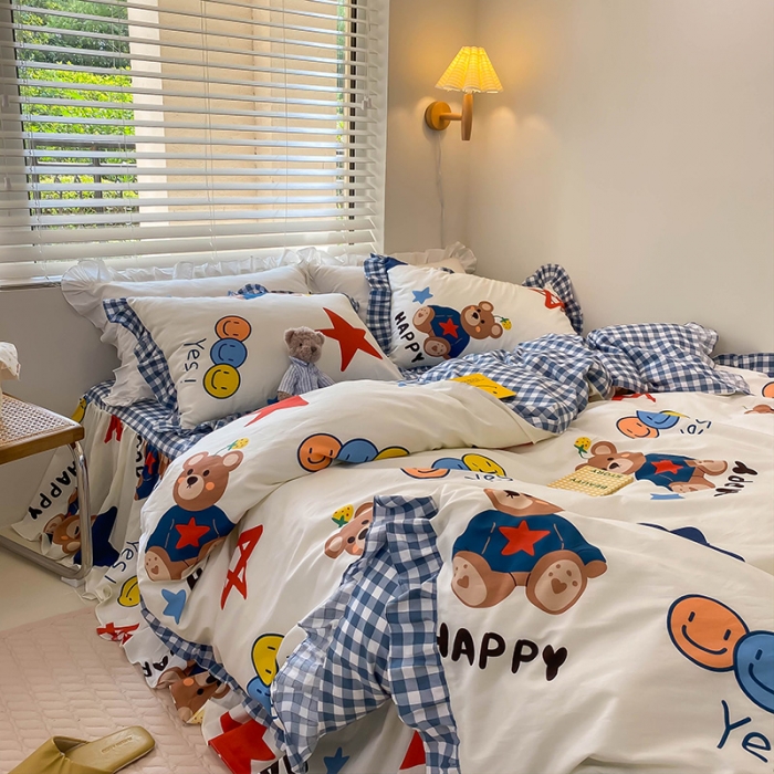 91家纺网 家纺一手货源 找家纺 绵庭家纺 2024新款全棉喷气床裙款四件套 汤姆小熊