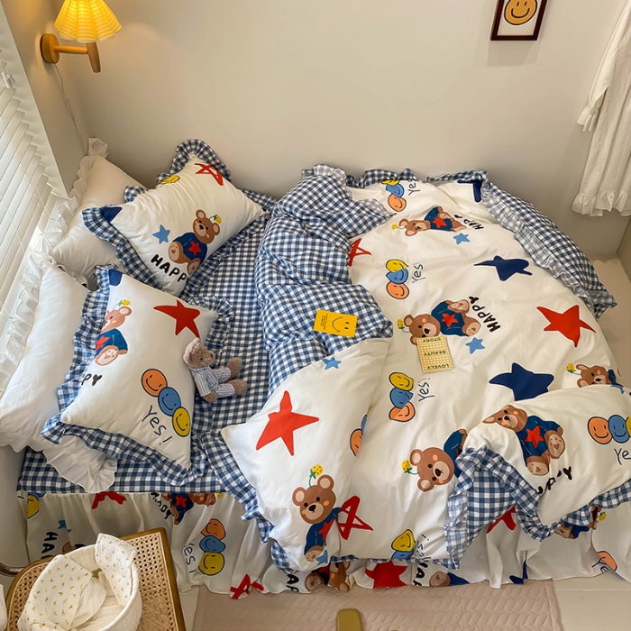 91家纺网 家纺一手货源 找家纺 绵庭家纺 2024新款全棉喷气床裙款四件套 汤姆小熊