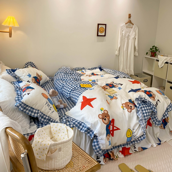 91家纺网 家纺一手货源 找家纺 绵庭家纺 2024新款全棉喷气床裙款四件套 汤姆小熊