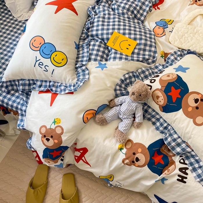 91家纺网 家纺一手货源 找家纺 绵庭家纺 2024新款全棉喷气床裙款四件套 汤姆小熊