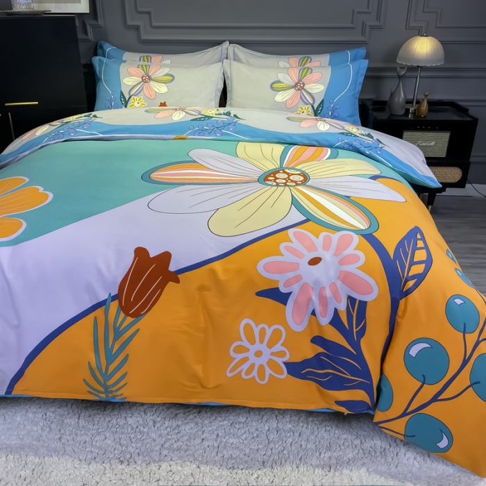 91家纺网 家纺一手货源 找家纺 金爱家 2021新款大版磨毛花卉系列四件套 恬静时光-黄