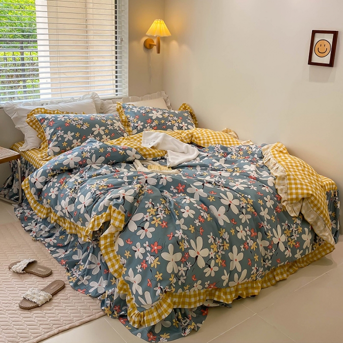 91家纺网 家纺一手货源 找家纺 绵庭家纺 2024新款全棉喷气床裙款四件套 雾里看花