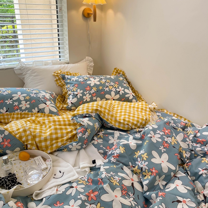 91家纺网 家纺一手货源 找家纺 绵庭家纺 2024新款全棉喷气床裙款四件套 雾里看花