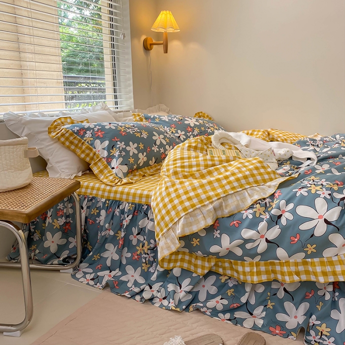 91家纺网 家纺一手货源 找家纺 绵庭家纺 2024新款全棉喷气床裙款四件套 雾里看花