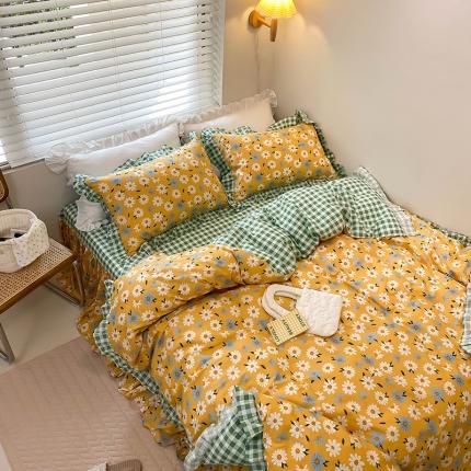 91家纺网 家纺一手货源 找家纺 绵庭家纺 2024新款全棉喷气床裙款四件套 阳光小菊