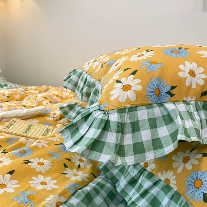 91家纺网 家纺一手货源 找家纺 绵庭家纺 2024新款全棉喷气床裙款四件套 阳光小菊