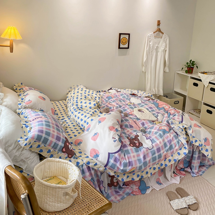 91家纺网 家纺一手货源 找家纺 绵庭家纺 2024新款全棉喷气床裙款四件套 夏日乐园