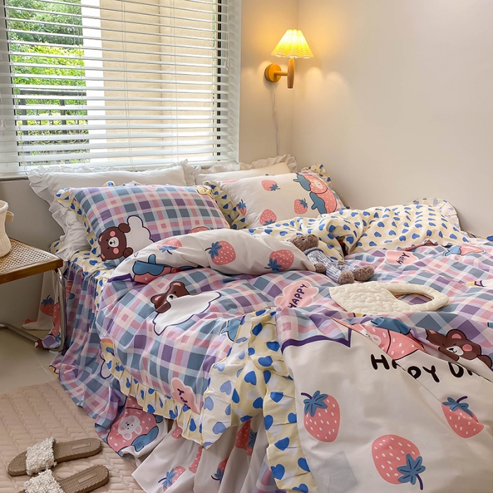 91家纺网 家纺一手货源 找家纺 绵庭家纺 2024新款全棉喷气床裙款四件套 夏日乐园