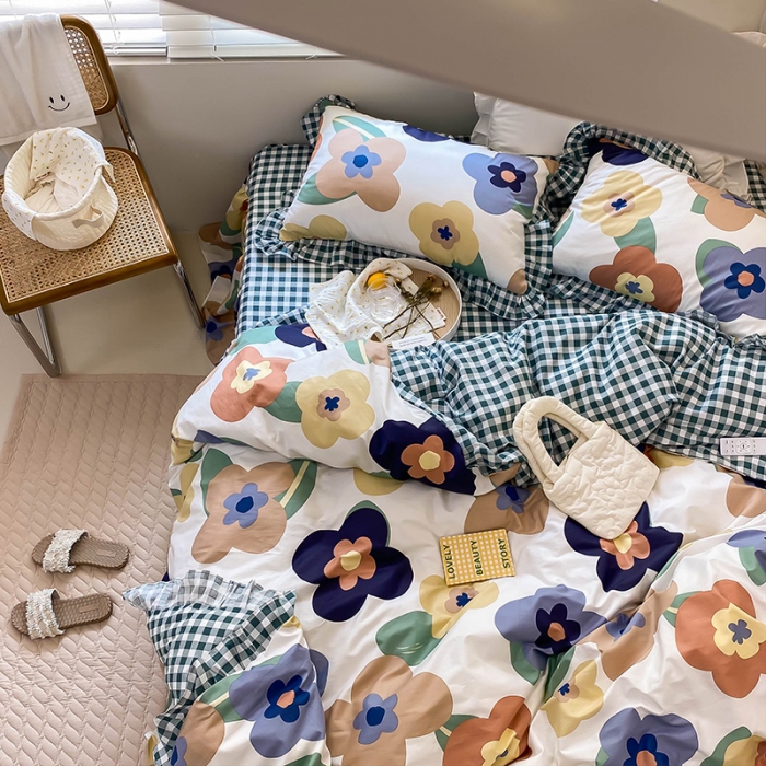 91家纺网 家纺一手货源 找家纺 绵庭家纺 2024新款全棉喷气床裙款四件套 小春日和