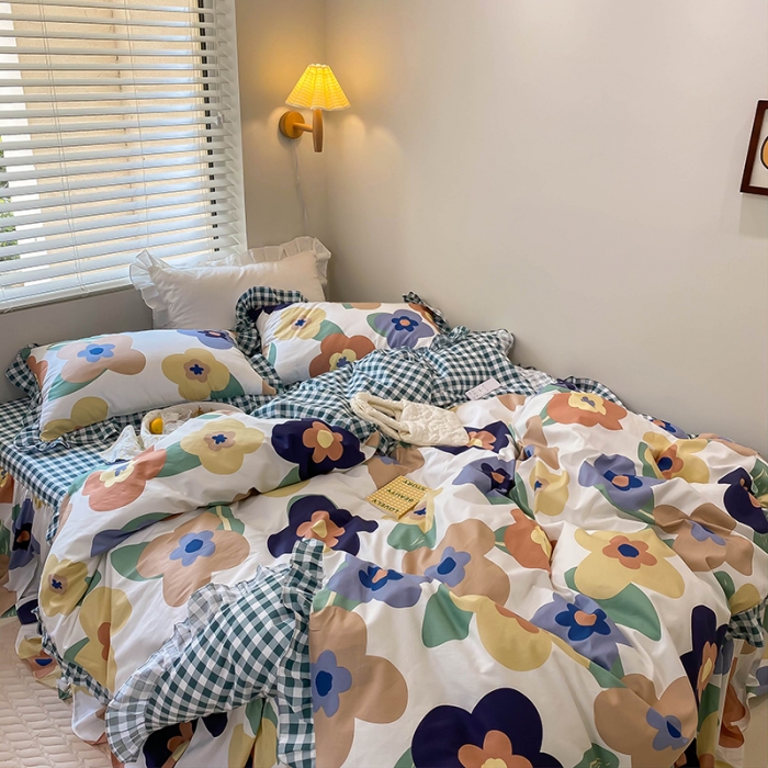 91家纺网 家纺一手货源 找家纺 绵庭家纺 2024新款全棉喷气床裙款四件套 小春日和