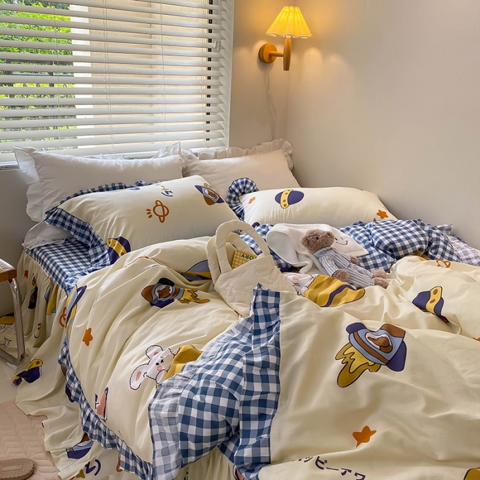 91家纺网 家纺一手货源 找家纺 绵庭家纺 2024新款全棉喷气床裙款四件套 星球奇遇米黄