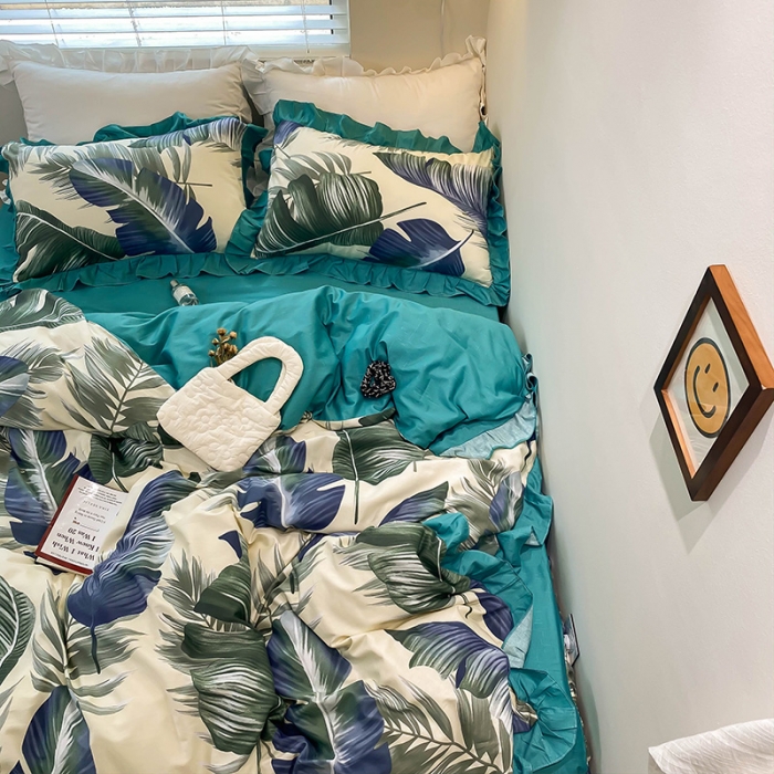 91家纺网 家纺一手货源 找家纺 绵庭家纺 2024新款全棉喷气床裙款四件套 叶繁