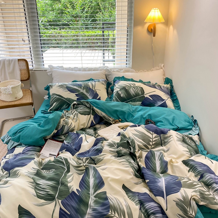 91家纺网 家纺一手货源 找家纺 绵庭家纺 2024新款全棉喷气床裙款四件套 叶繁