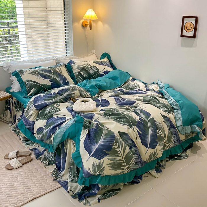 91家纺网 家纺一手货源 找家纺 绵庭家纺 2024新款全棉喷气床裙款四件套 叶繁