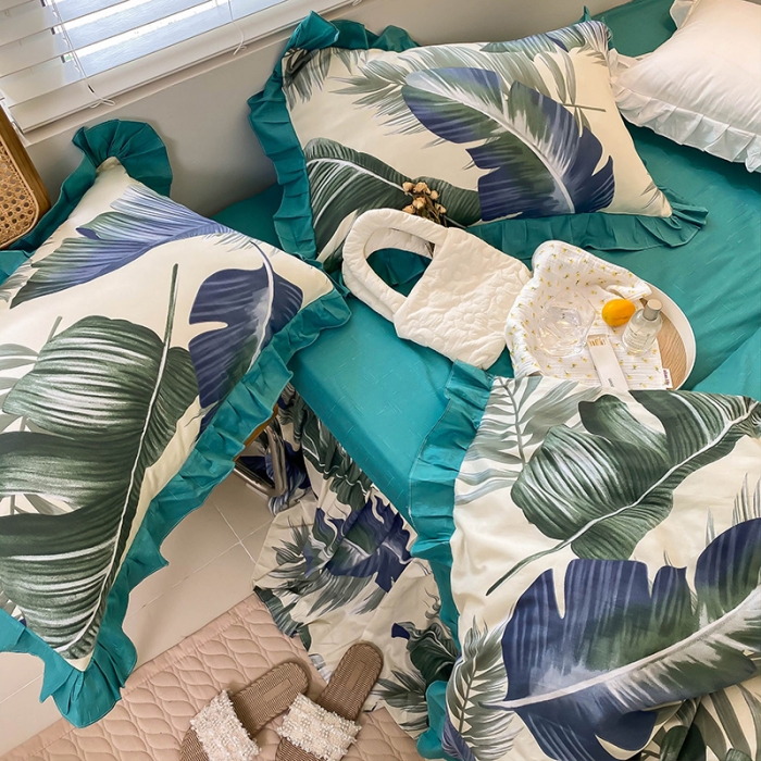 91家纺网 家纺一手货源 找家纺 绵庭家纺 2024新款全棉喷气床裙款四件套 叶繁