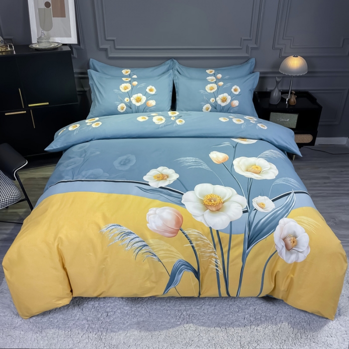 91家纺网 家纺一手货源 找家纺 金爱家 2021新款大版磨毛花卉系列四件套 暮语-黄