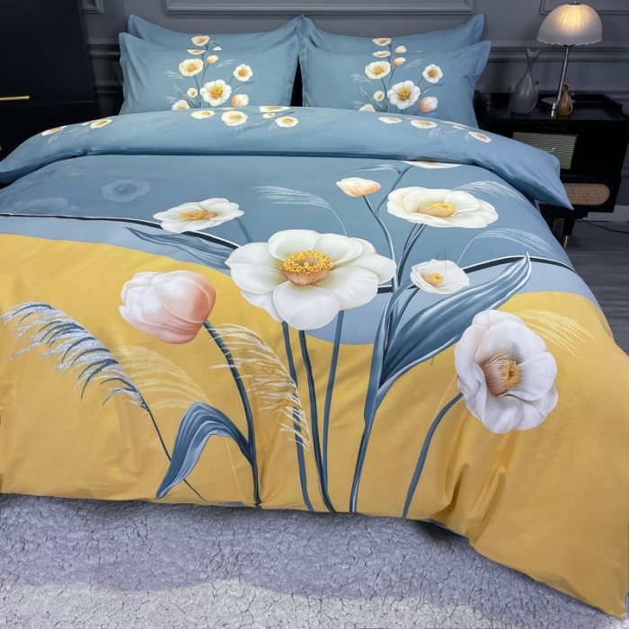 91家纺网 家纺一手货源 找家纺 金爱家 2021新款大版磨毛花卉系列四件套 暮语-黄