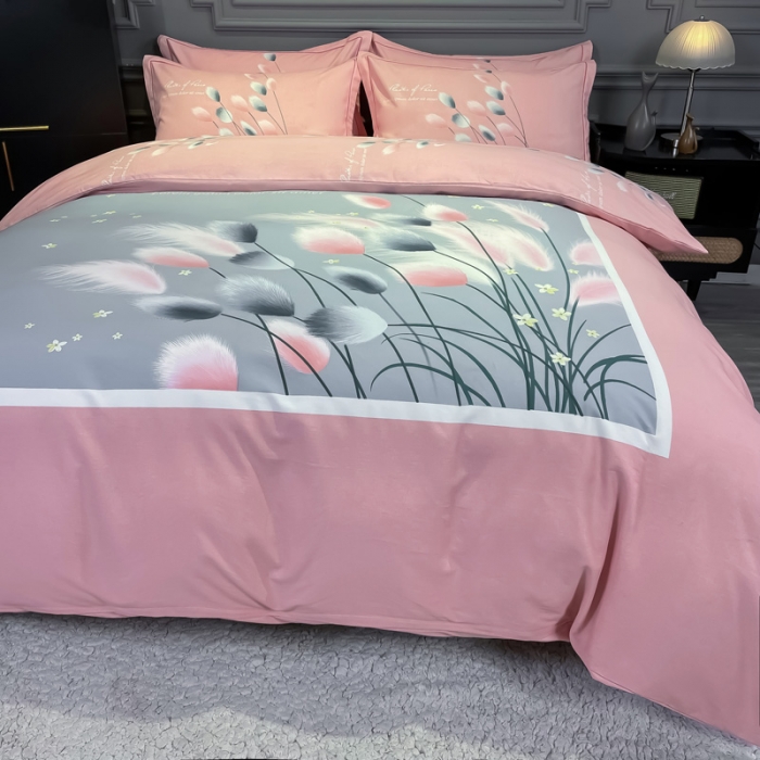 91家纺网 家纺一手货源 找家纺 金爱家 2021新款大版磨毛花卉系列四件套 雪见-粉