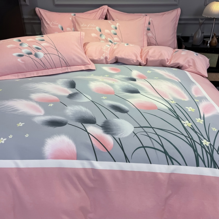 91家纺网 家纺一手货源 找家纺 金爱家 2021新款大版磨毛花卉系列四件套 雪见-粉