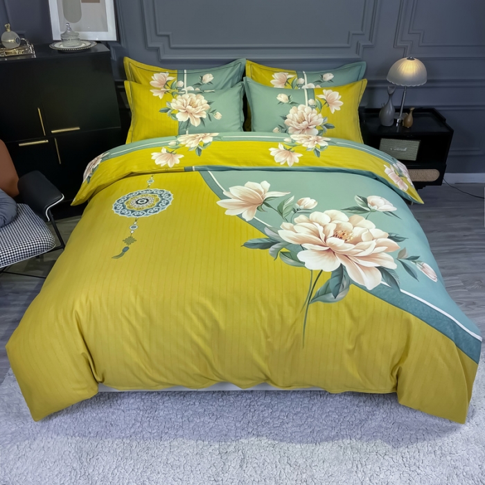 91家纺网 家纺一手货源 找家纺 金爱家 2021新款大版磨毛花卉系列四件套 醉芬芳-黄