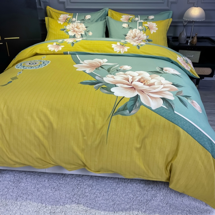 91家纺网 家纺一手货源 找家纺 金爱家 2021新款大版磨毛花卉系列四件套 醉芬芳-黄