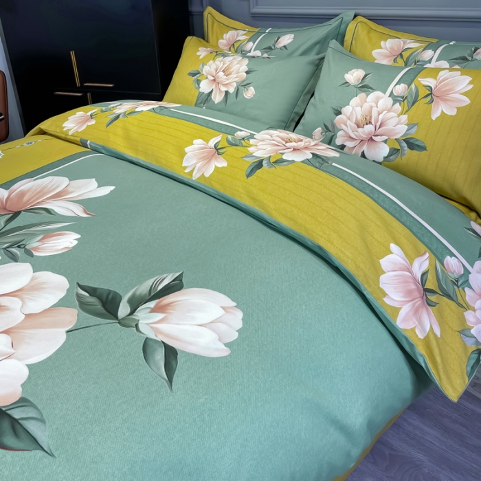 91家纺网 家纺一手货源 找家纺 金爱家 2021新款大版磨毛花卉系列四件套 醉芬芳-黄