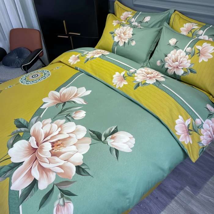 91家纺网 家纺一手货源 找家纺 金爱家 2021新款大版磨毛花卉系列四件套 醉芬芳-黄